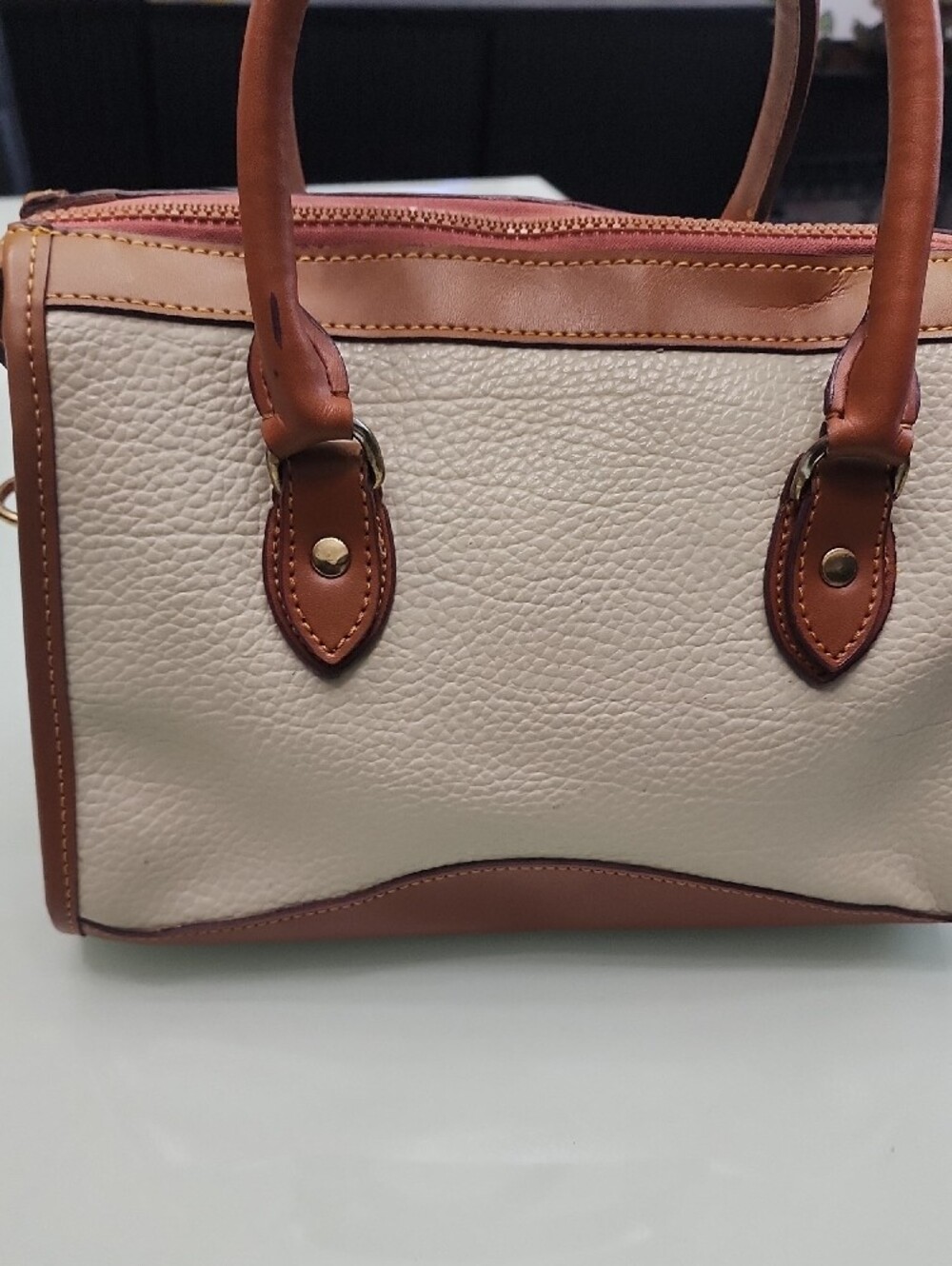 Dooney & Bourke Beige and Brown Pebbled Leather Satchel Mossing Shoulder Strip - Picture 6 of 15